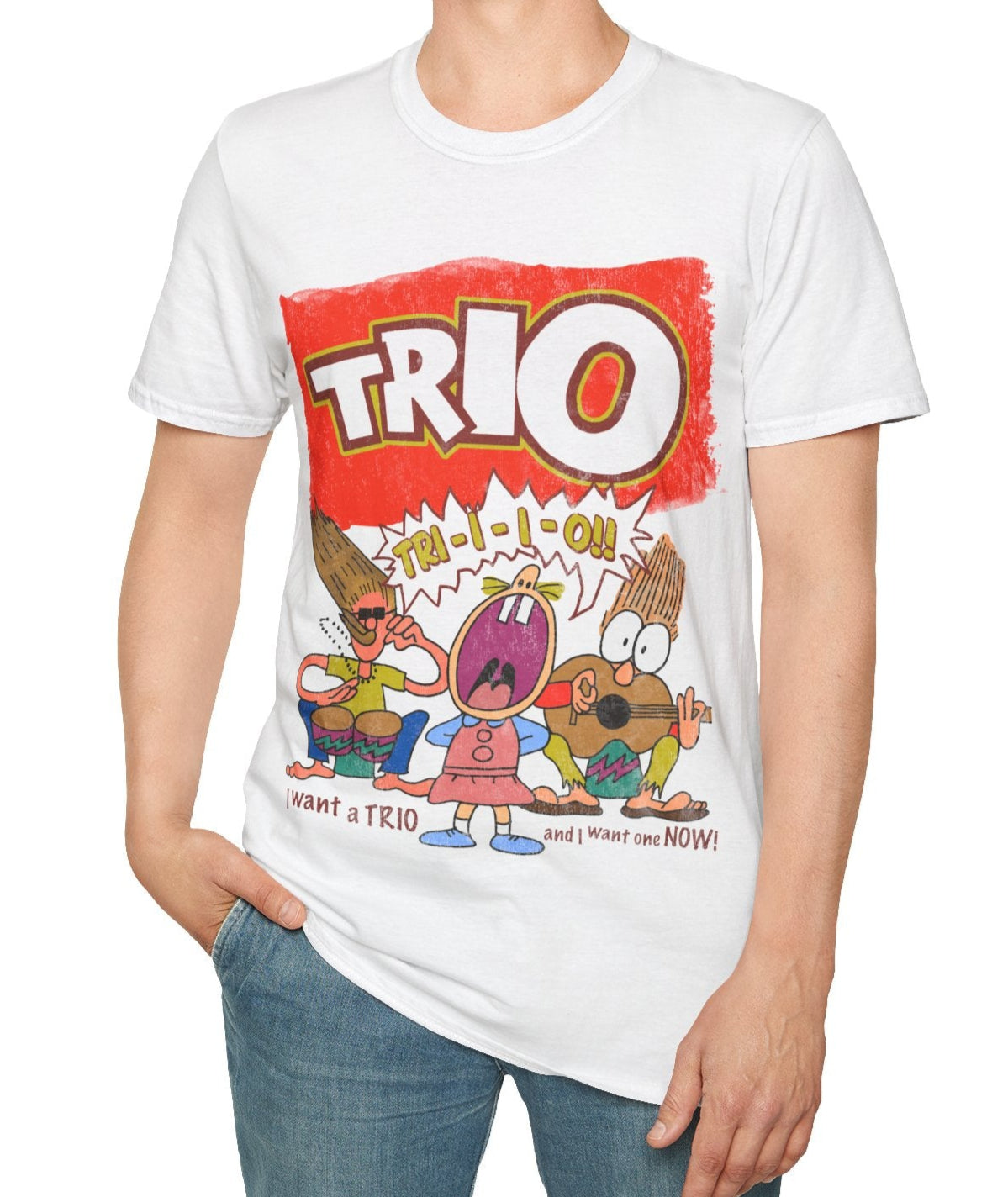 Person wearing a white t-shirt with cartoon characters and 'TRIO' text on a white background