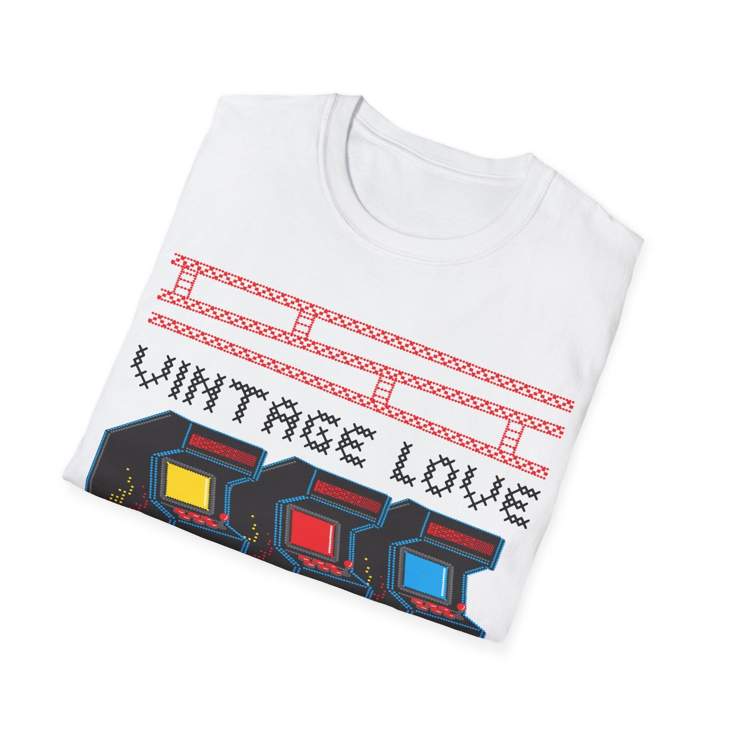 Folded white t-shirt with retro arcade game design and Vintage Love Retro Gamer text on a white background