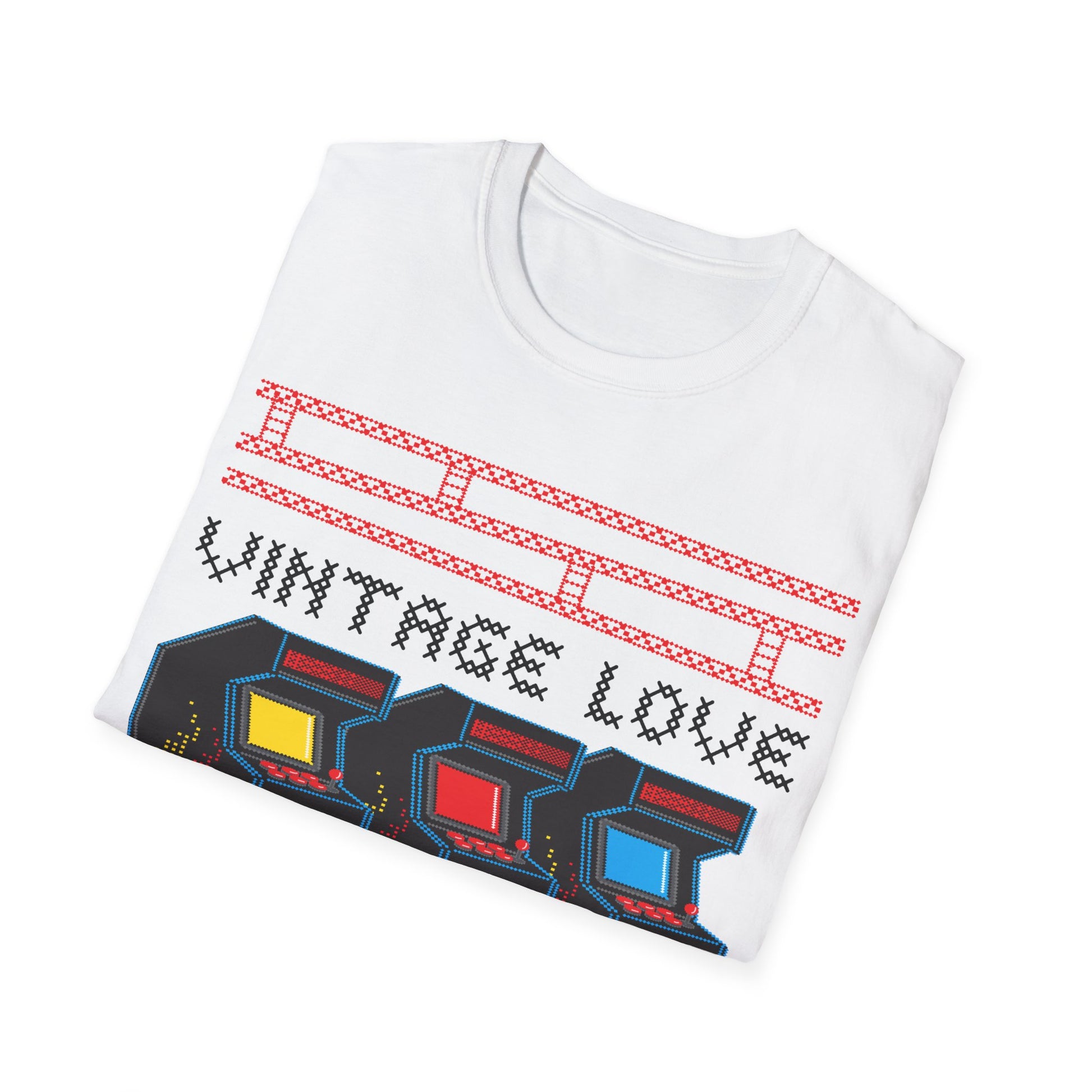 Folded white t-shirt with retro arcade game design and Vintage Love Retro Gamer text on a white background