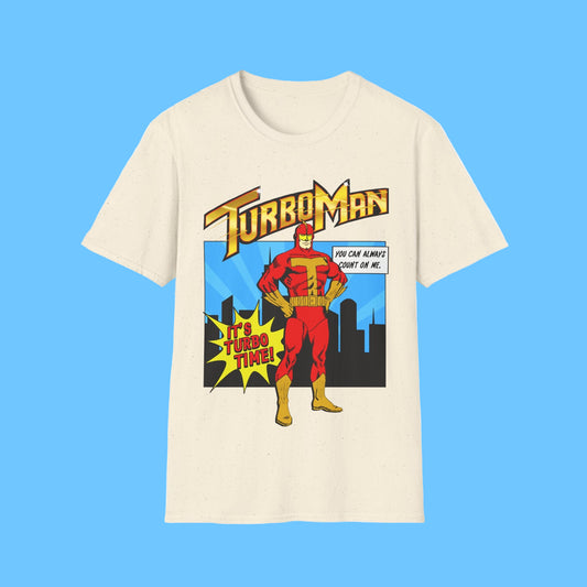 Natural short sleeve t-shirt with TurboMan graphic design Christmas Jingle All The Way movie inspired top