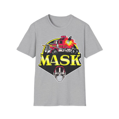 Gray t-shirt with 'MASK' graphic design featuring a fire truck and mask on a white background