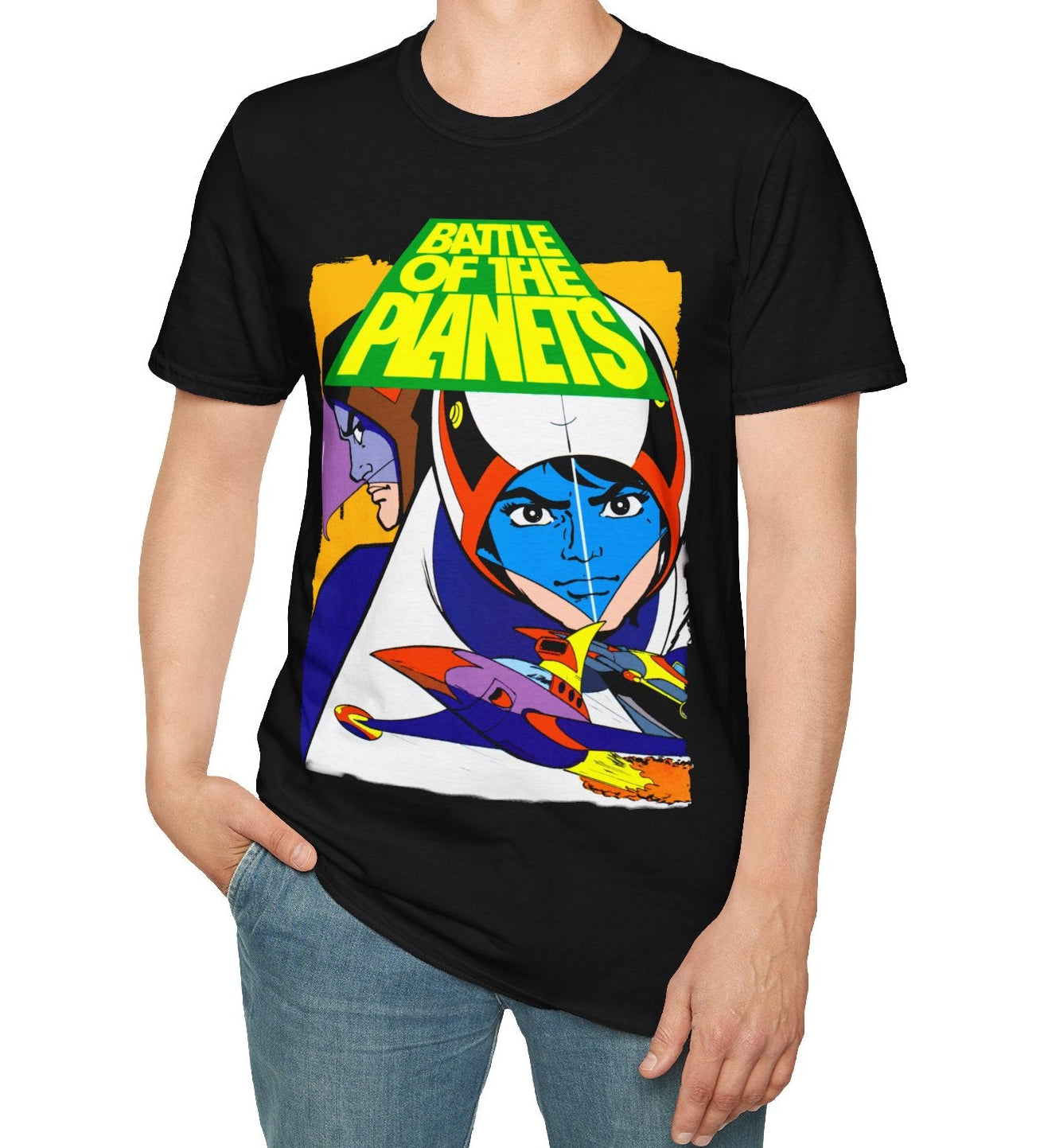 Person wearing a black t-shirt with a colorful graphic design on a white background