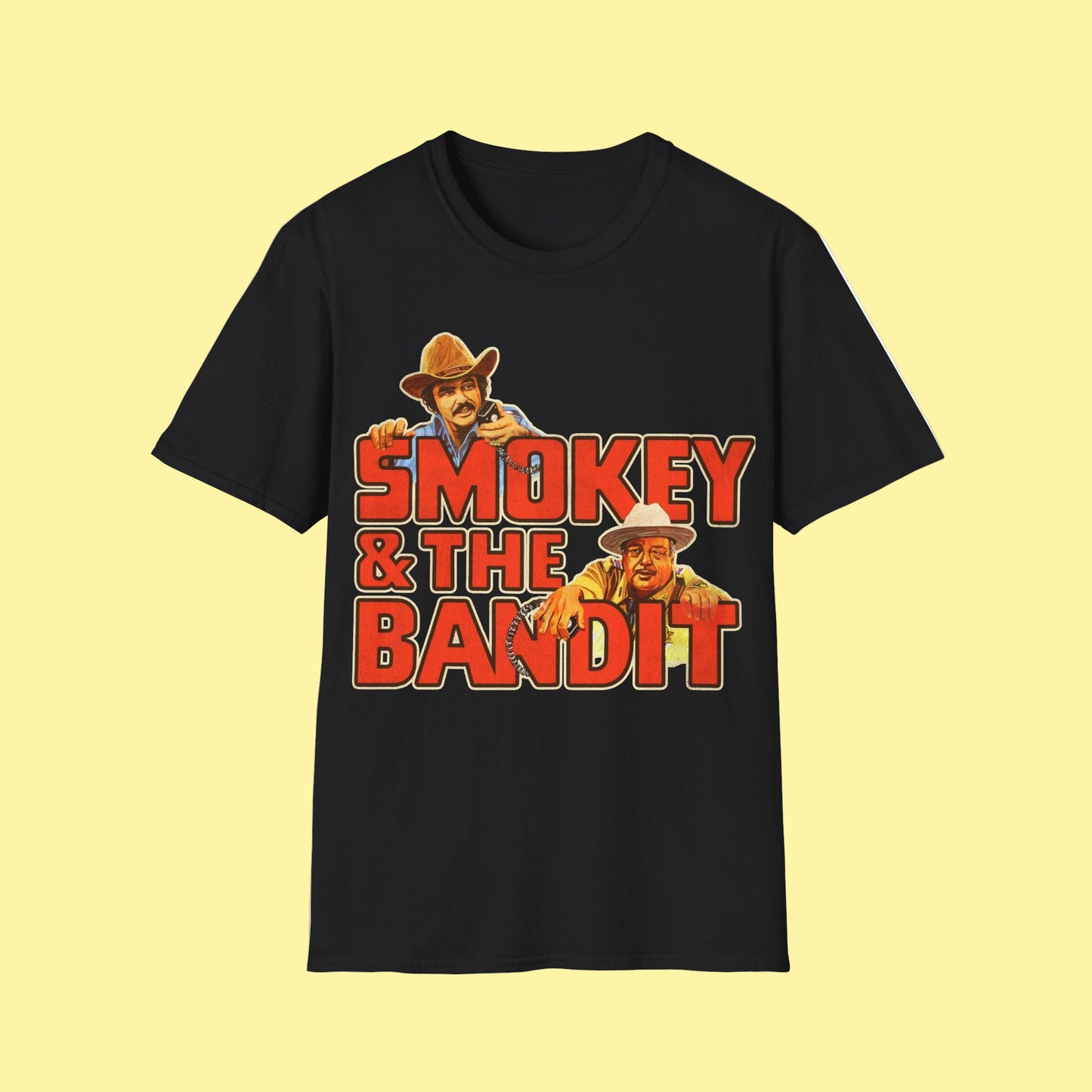 Black t-shirt with 'Smokey & The Bandit' graphic on a white background