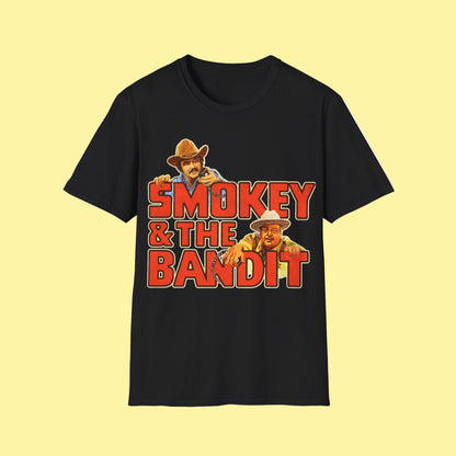 Black t-shirt with 'Smokey & The Bandit' graphic on a white background