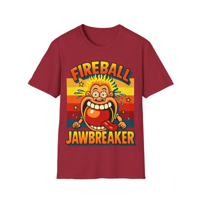 Red t-shirt with 'Fireball Jawbreaker' graphic design on a white background