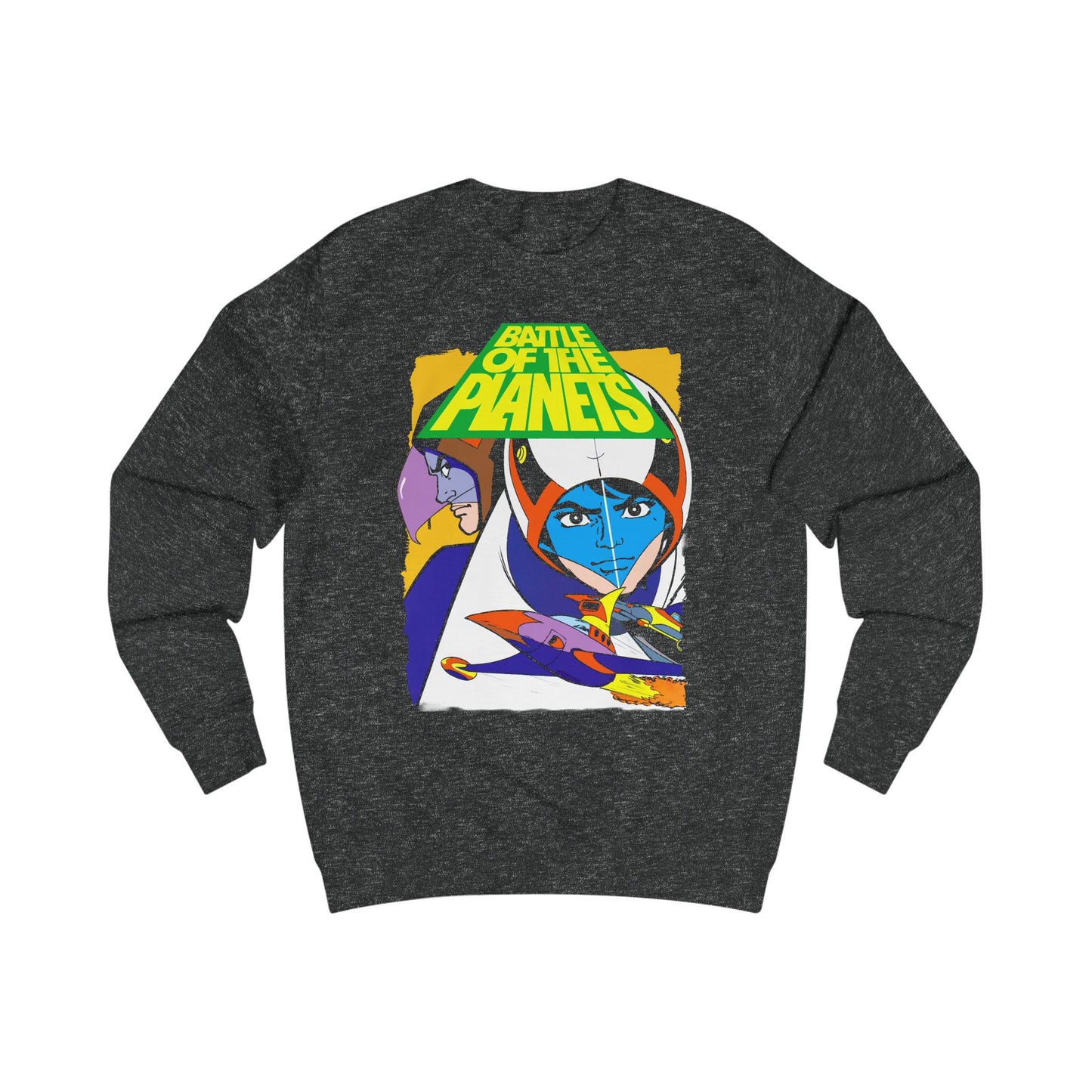 Gray sweatshirt with 'Battle of the Planets' graphic design on a white background