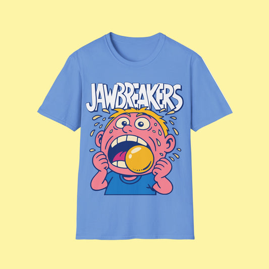 Blue t-shirt with cartoon character and 'Jawbreakers' text on a white background