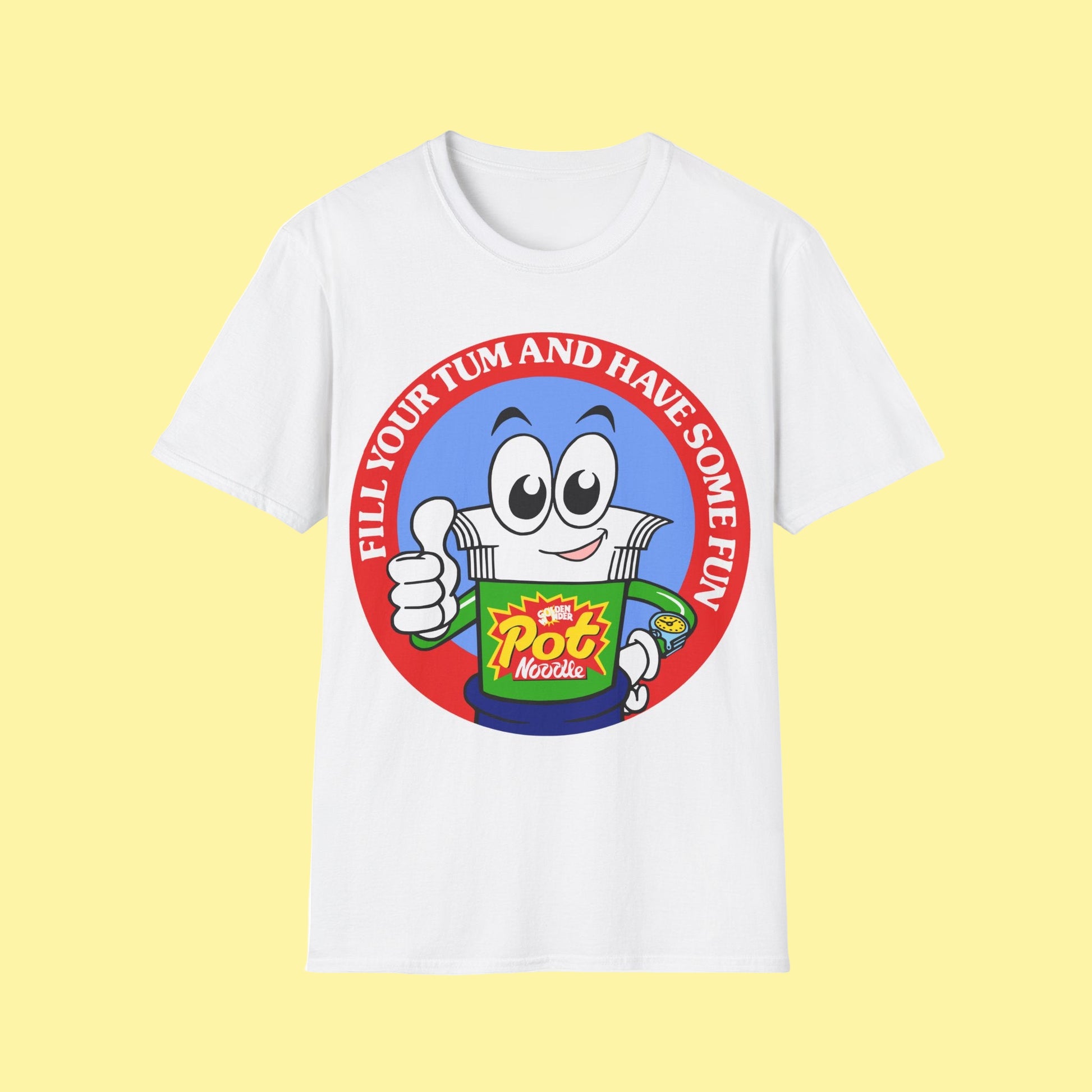White t-shirt with a colourful graphic and Fill you're tum and have some fun text on a white background