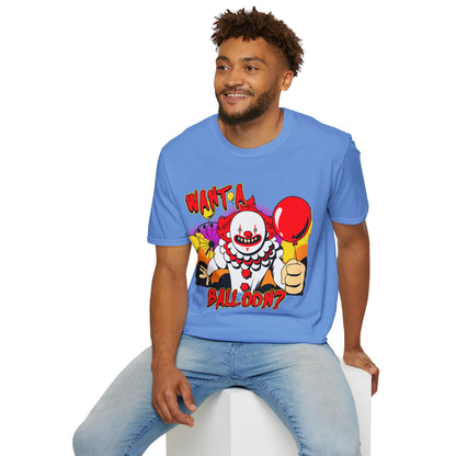 Man wearing a blue t-shirt with a clown graphic and text 'Want a balloon?' on a white background