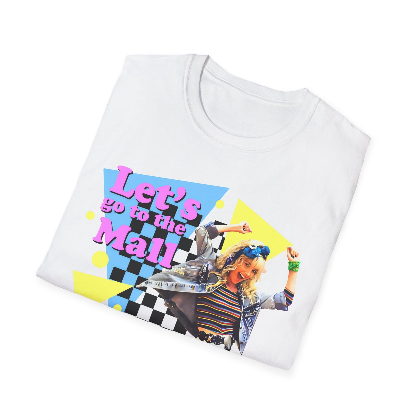 White t-shirt with colorful graphic design and text 'Let's go to the Mall' on a white background