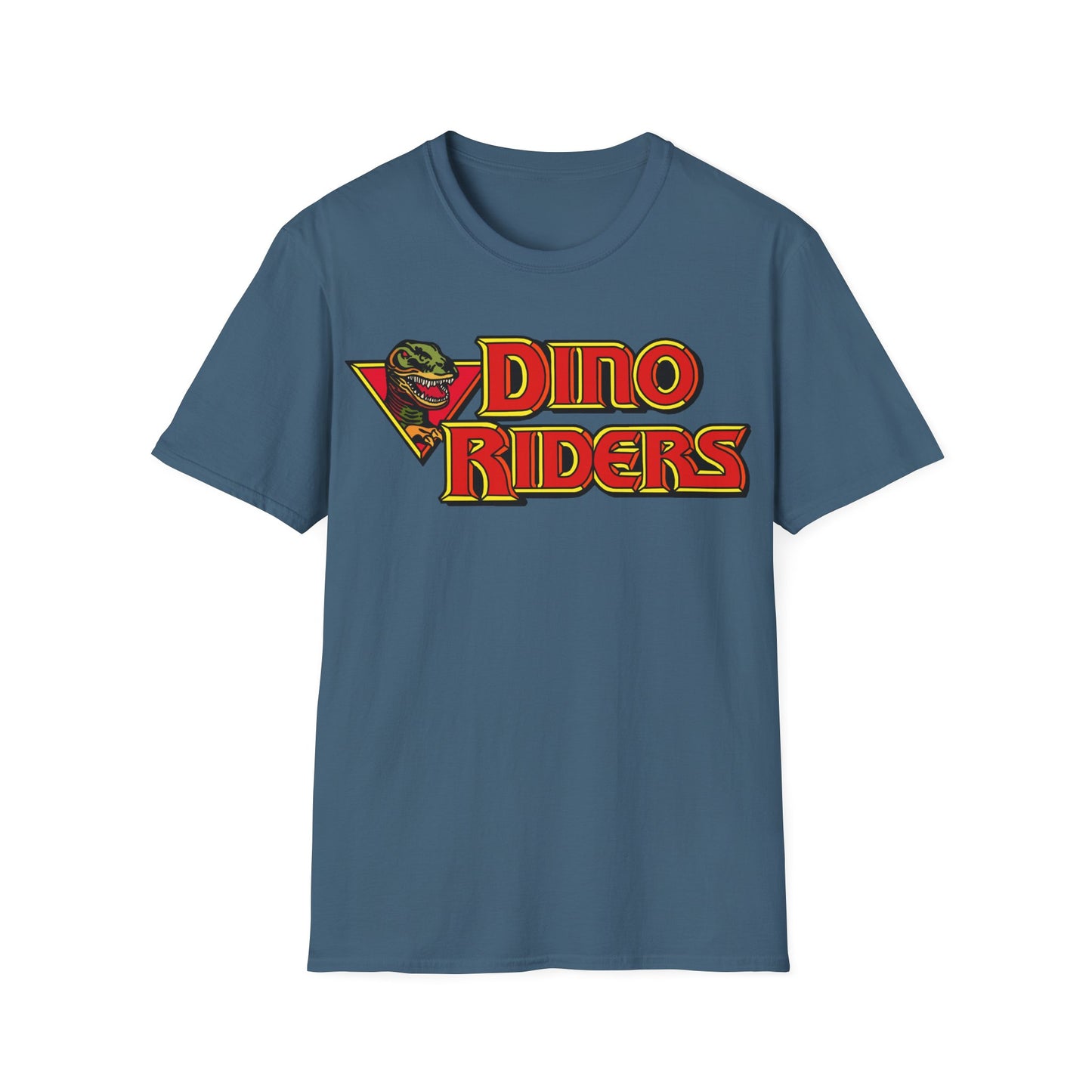 Indigo Blue t-shirt with 'Dino Riders' logo on a white background