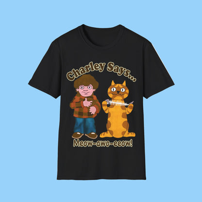 Black t-shirt with cartoon boy and cat design with text Charley Says Meow