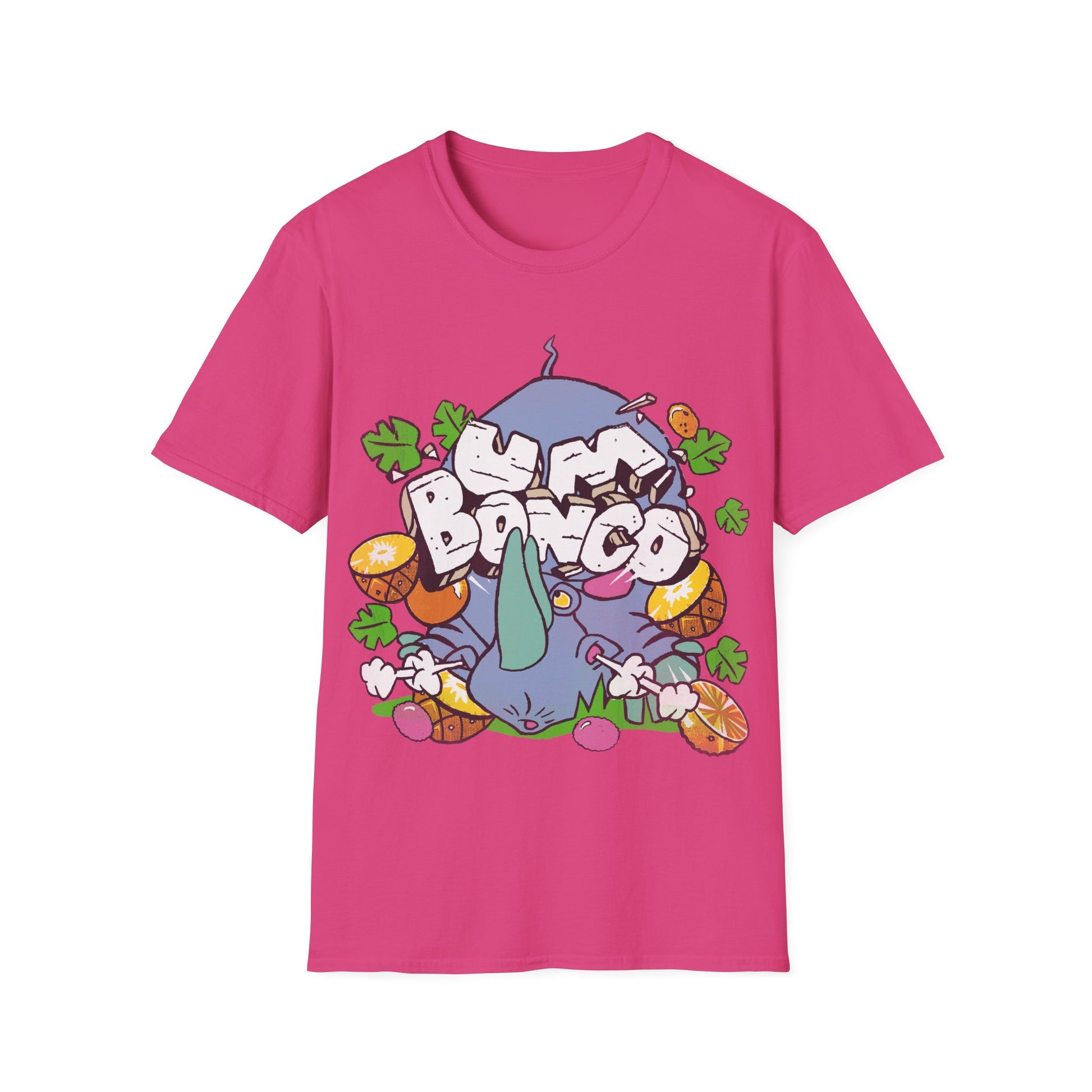 Pink short sleeve official Um Bongo Rhino T-shirt 80s tropical juice drink with cartoon rhino and Um bongo logo