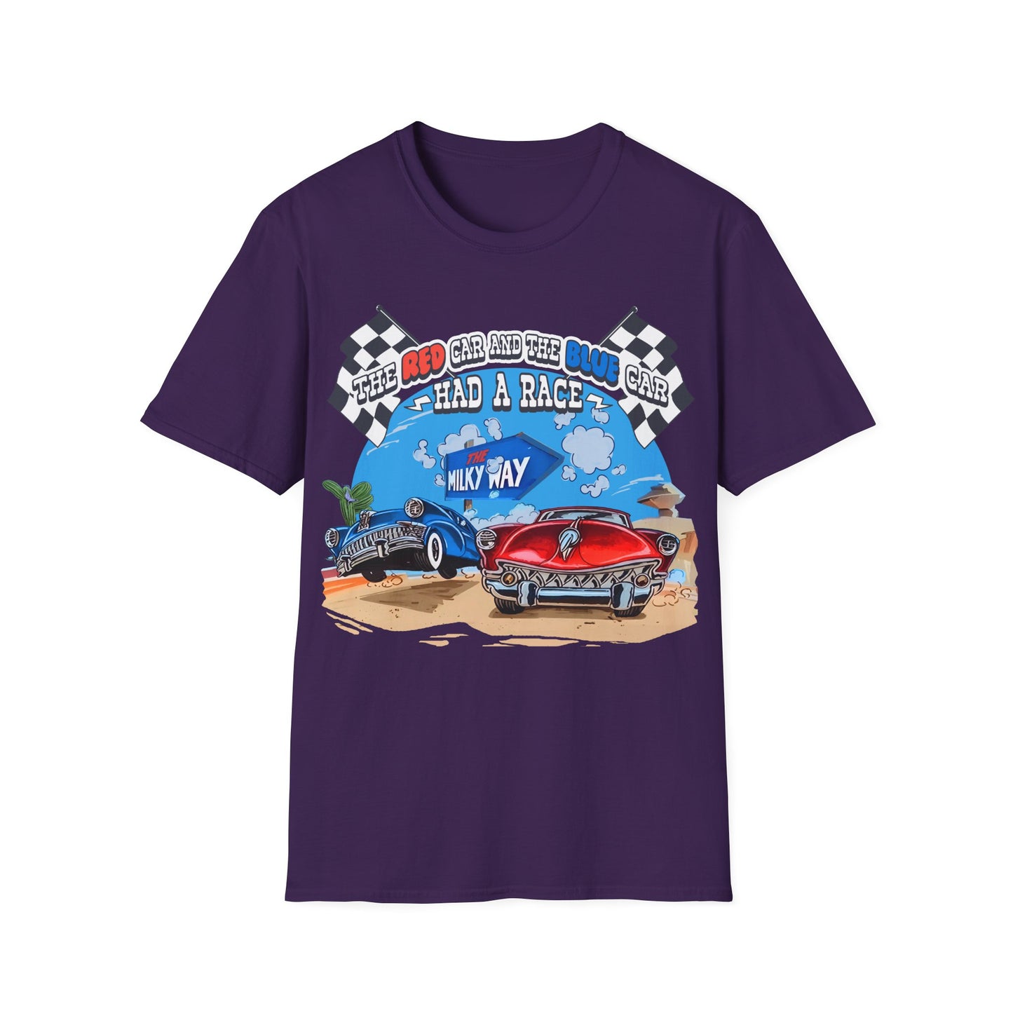 Purple t-shirt with a graphic of two cars racing with text The Red Car And The Blue Car Had A Race from an 80s TV advert