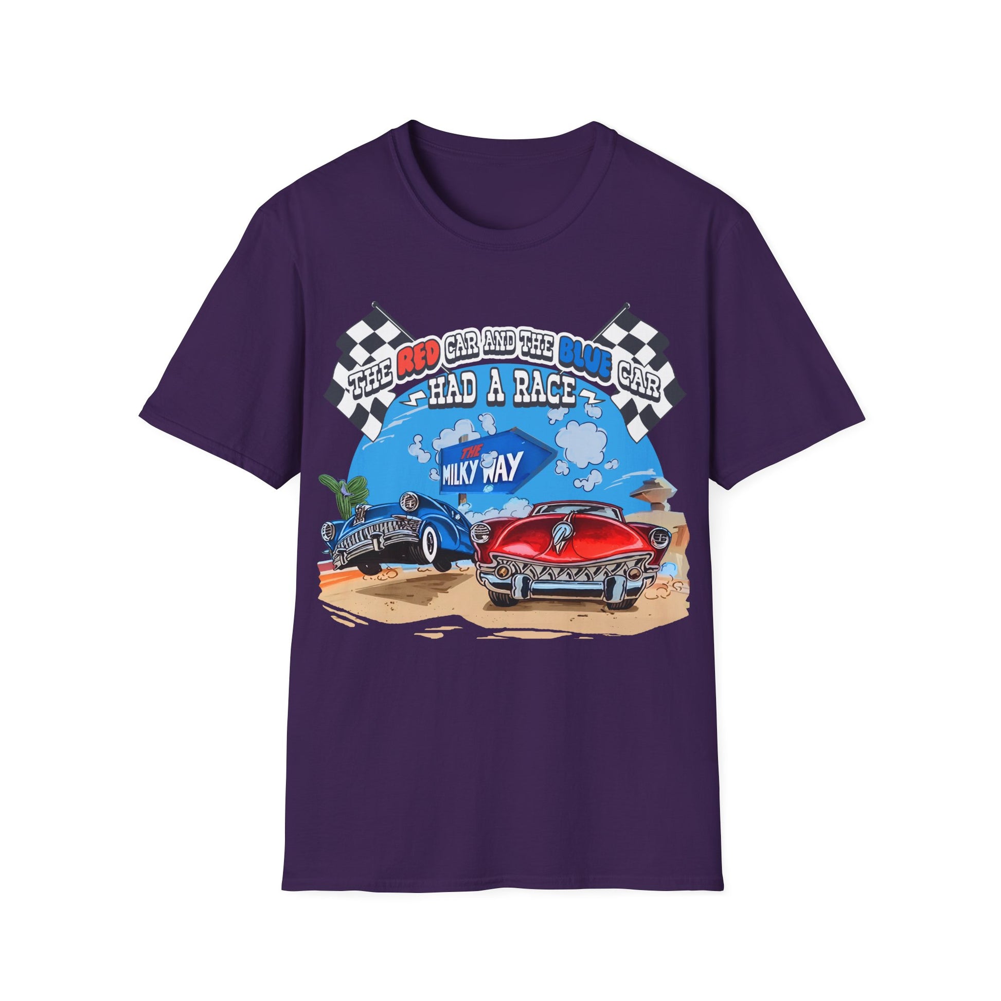 Purple t-shirt with a graphic of two cars racing with text The Red Car And The Blue Car Had A Race from an 80s TV advert