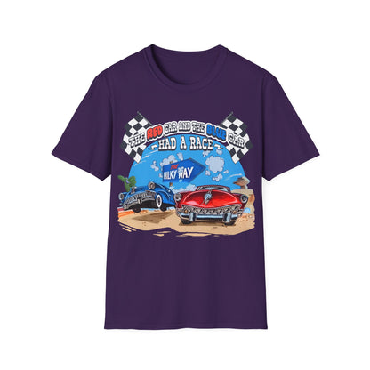 Purple t-shirt with a graphic of two cars racing with text The Red Car And The Blue Car Had A Race from an 80s TV advert