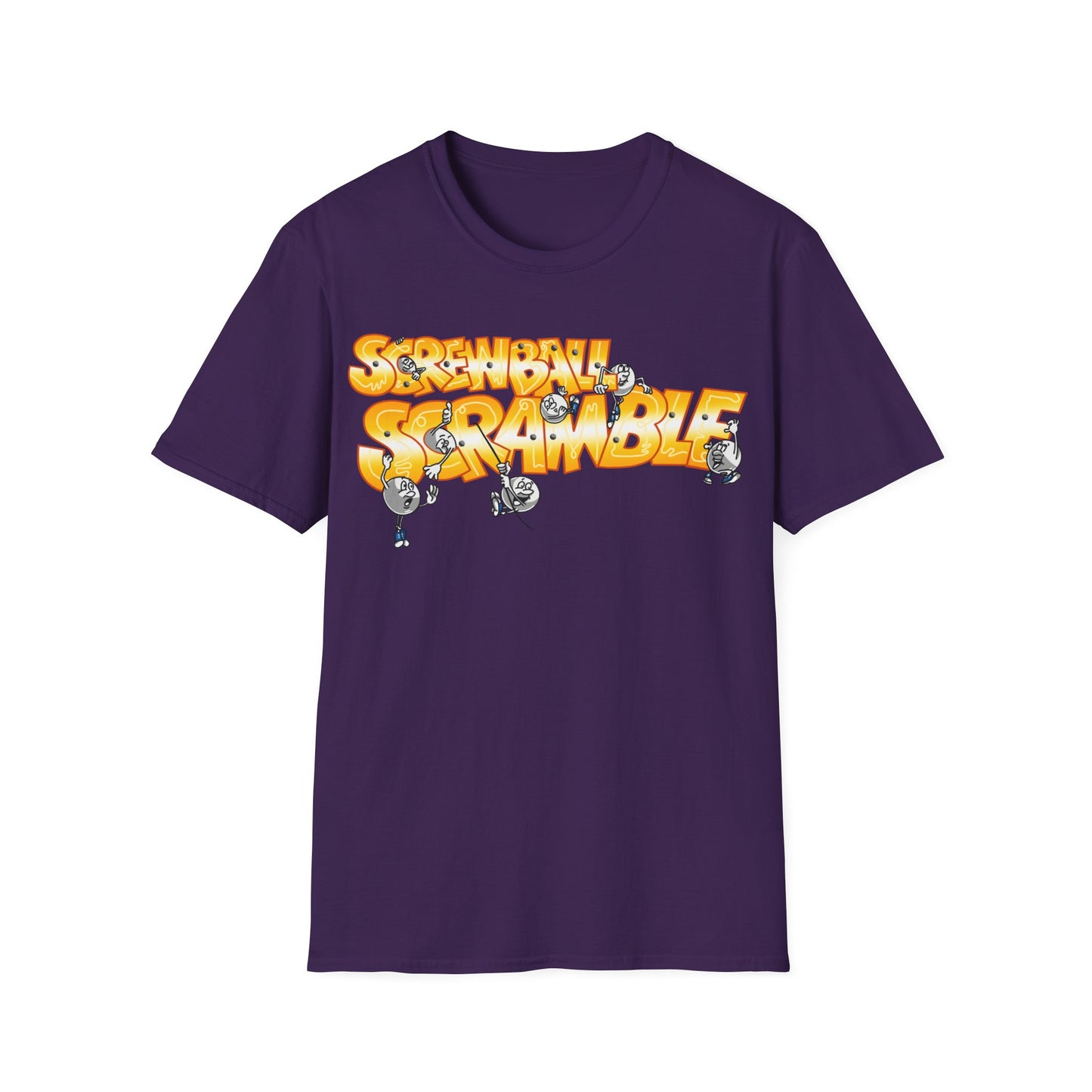 Purple t-shirt with 'Screwball Scramble' graphic design  on a white background
