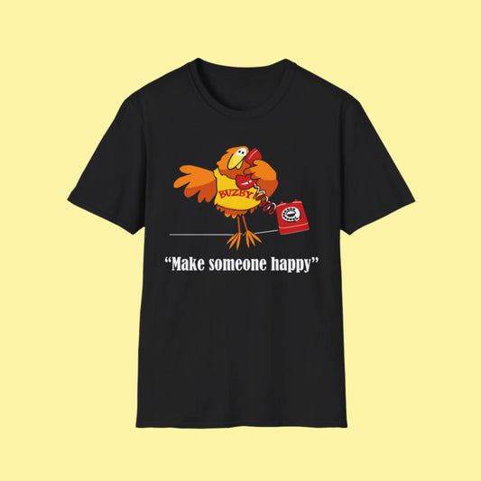 Black t-shirt with Buzby BT bird on retro telephone with 'Make Someone Happy' text