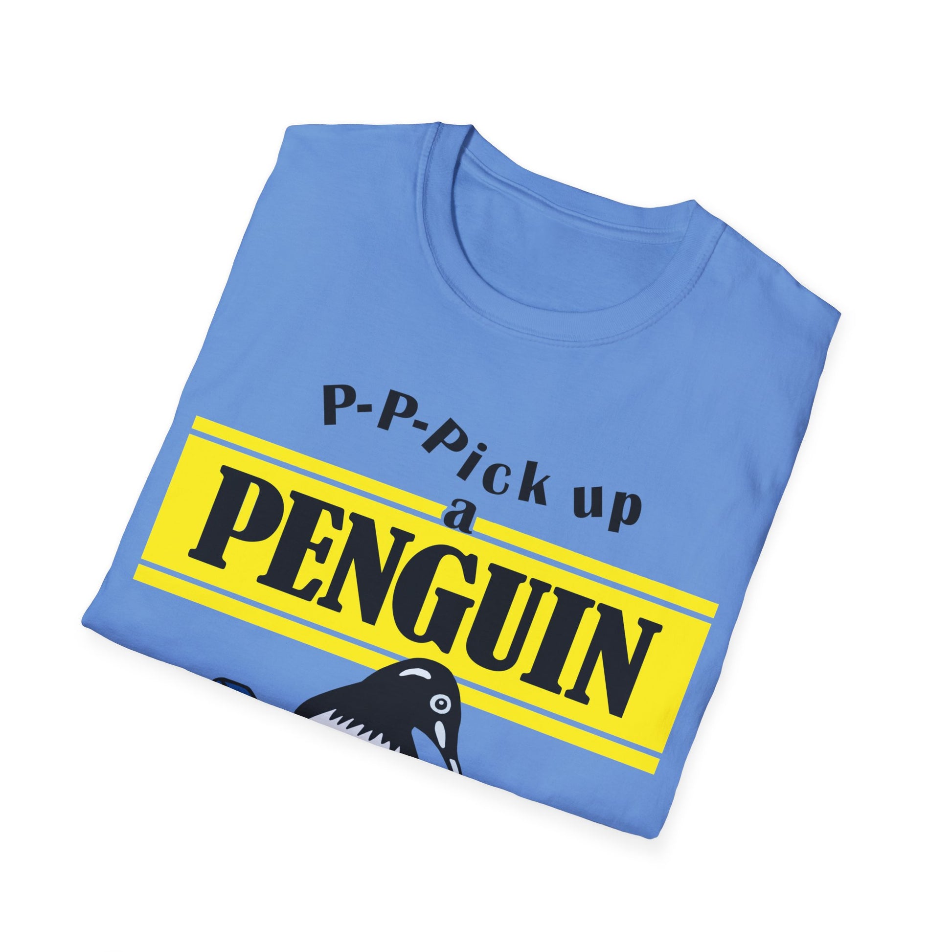 Folded blue t-shirt with 'P-Pick up a Penguin' text and penguin graphic on a white background