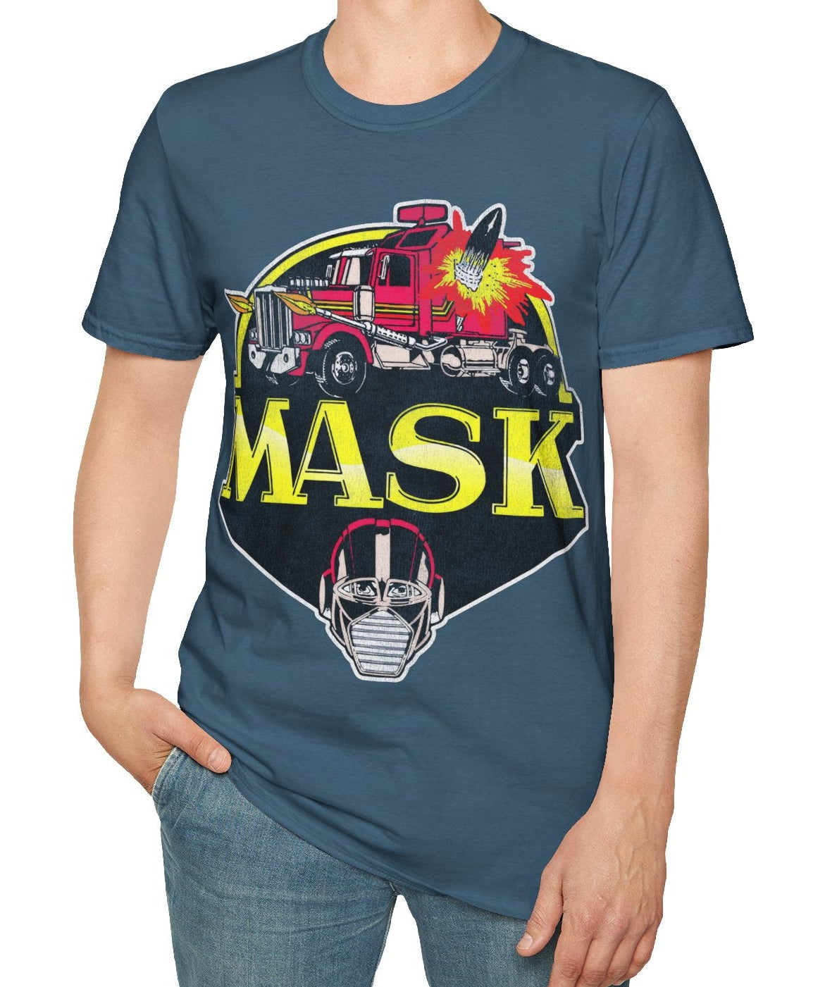 Person wearing a blue t-shirt with a graphic design and 'MASK' text on a white background