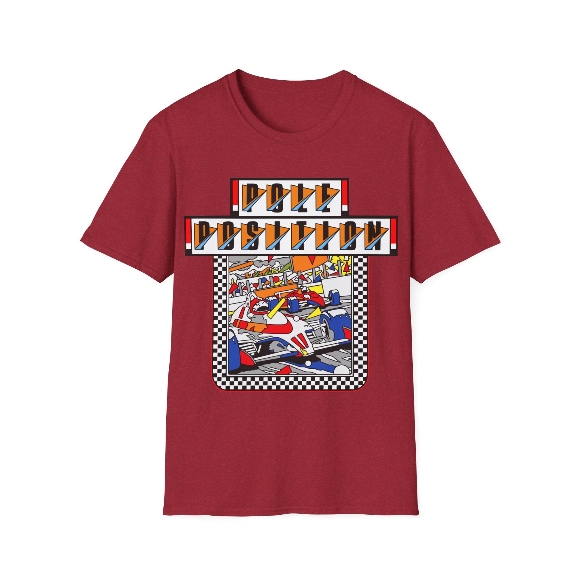 Antique Red t-shirt with a colourful Pole Position gaming graphic design 