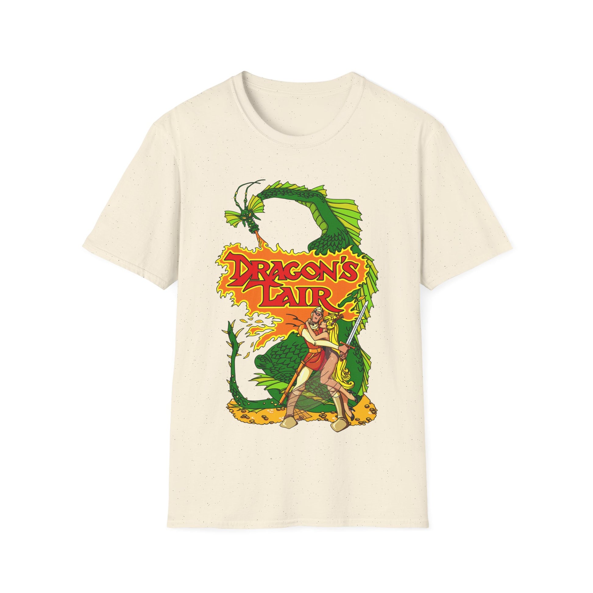 Beige t-shirt with 'Dragon's Lair' retro gaming graphic design featuring a dragon and a character.