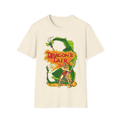 Beige t-shirt with 'Dragon's Lair' retro gaming graphic design featuring a dragon and a character.