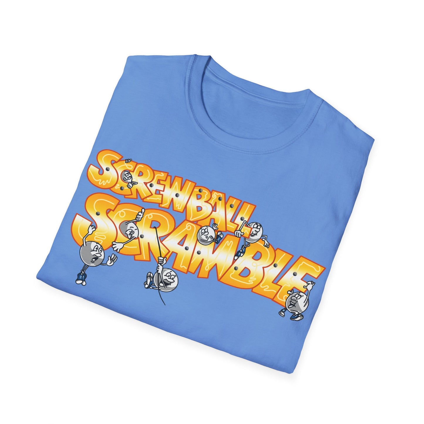 Folded blue t-shirt with 'Screwball Scramble' graphic design on a white background