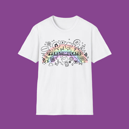 White t-shirt with colorful 'OVERSTIMULATED' graphic design on a white background