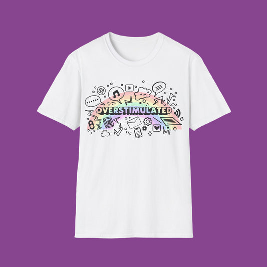 White t-shirt with colorful 'OVERSTIMULATED' graphic design on a white background