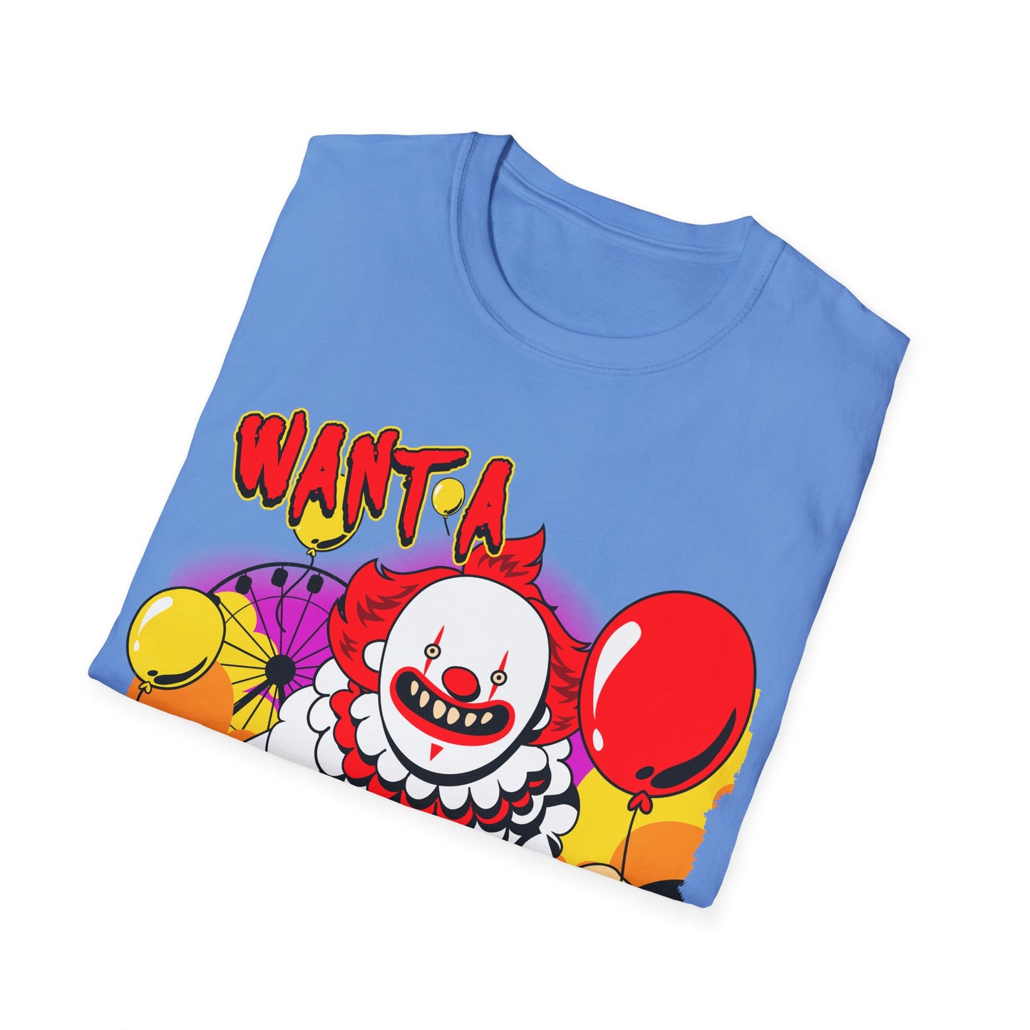 Folded blue t-shirt with a clown graphic and text 'Want a balloon?' on a white background