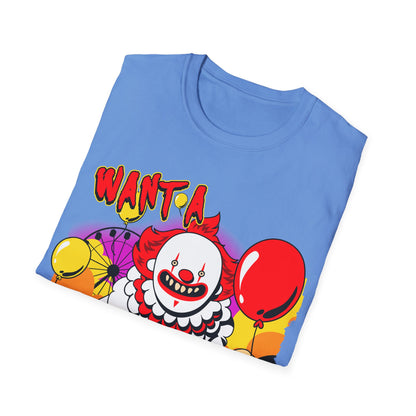 Folded blue t-shirt with a clown graphic and text 'Want a balloon?' on a white background
