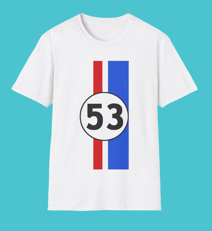 White t-shirt with number 53 and racing stripe design on a white background