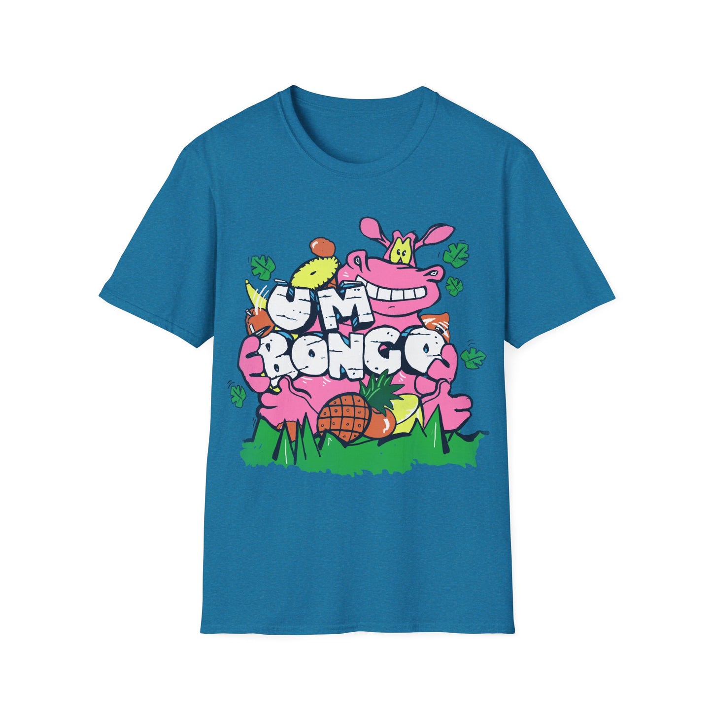 Sapphire Blue short sleeve official Um Bongo hippo T-shirt colourful 80s tropical juice drink with cartoon hippo and Um bongo logo