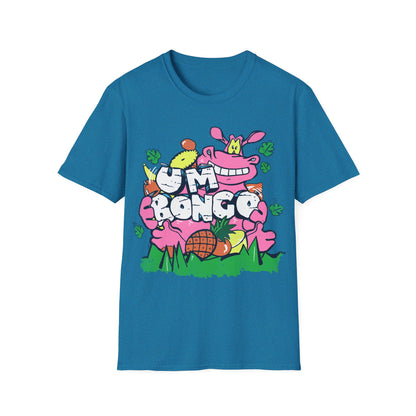 Sapphire Blue short sleeve official Um Bongo hippo T-shirt colourful 80s tropical juice drink with cartoon hippo and Um bongo logo