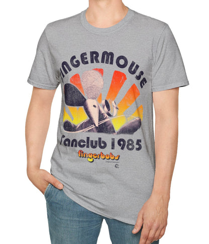 Person wearing a grey t-shirt with 'Fingermouse Fanclub 1985' graphic design on a white background