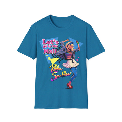 Blue t-shirt with a colourful Robin Sparkles Lets Go To The Mall 80s style design, inspired by How I Met Your Mother TV Series