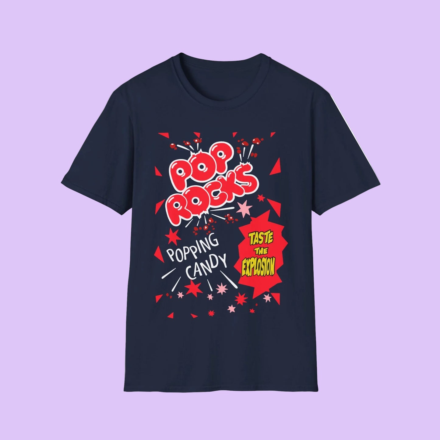 Navy blue short sleeve t-shirt featuring a retro 80s Pop Rocks Popping Candy design