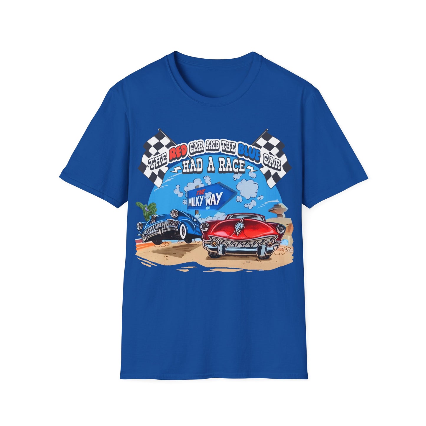 Blue t-shirt with a graphic of two cars racing with text The Red Car And The Blue Car Had A Race from an 80s TV advert