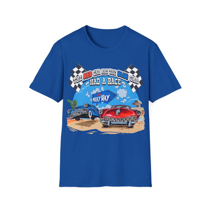 Blue t-shirt with a graphic of two cars racing with text The Red Car And The Blue Car Had A Race from an 80s TV advert