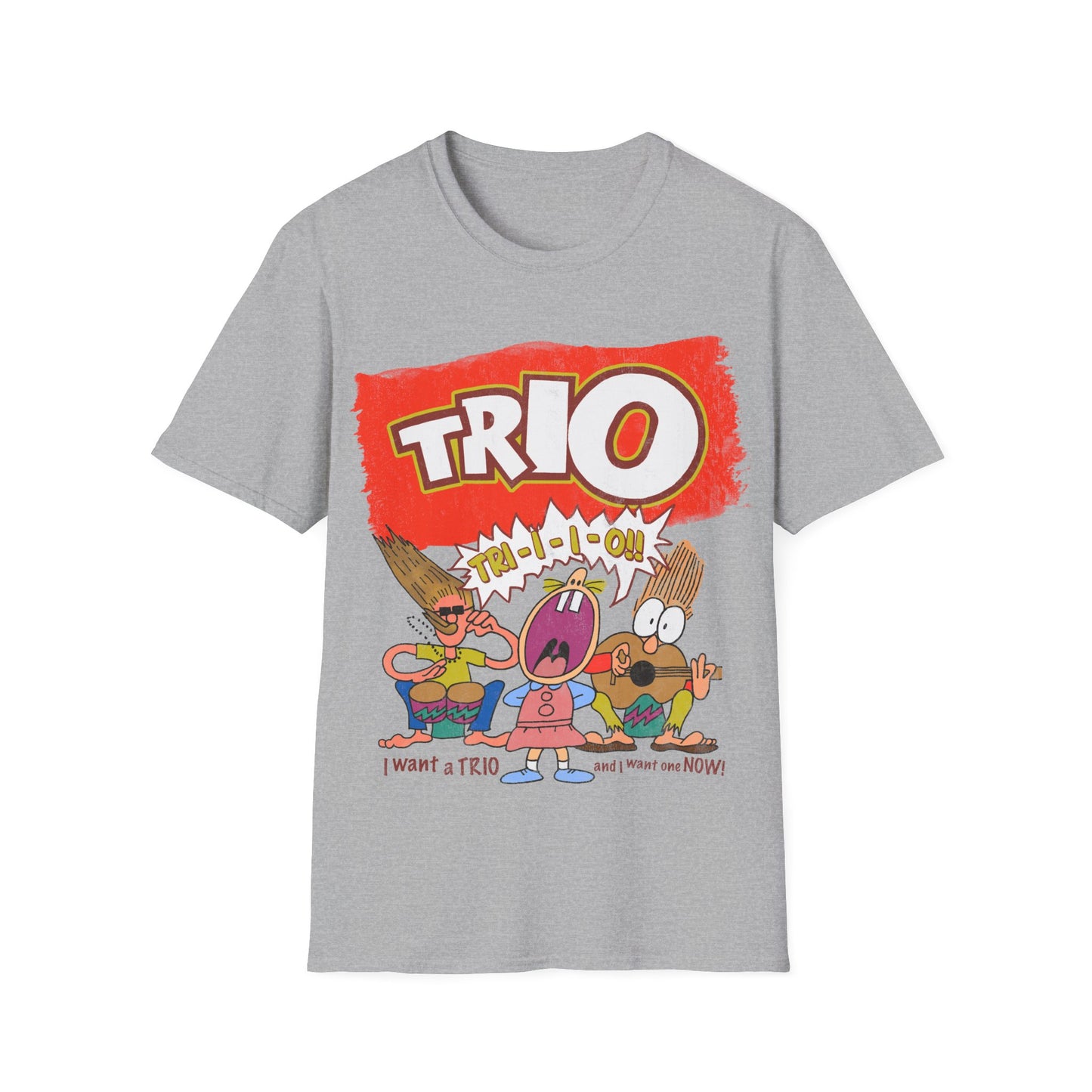Gray t-shirt with cartoon graphic and 'TRIO' text on a white background