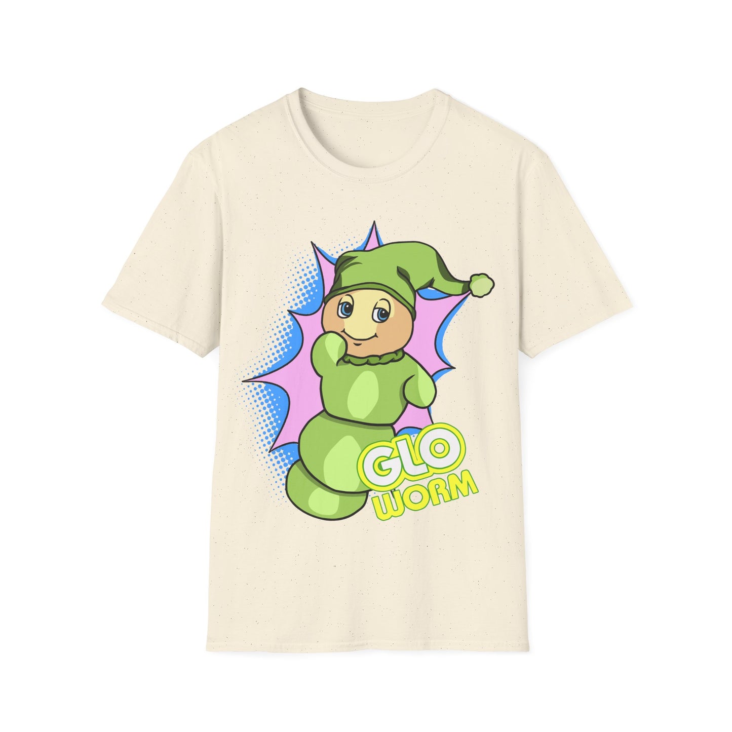 Beige t-shirt with a cartoon green 'Glo Worm' character on a white background