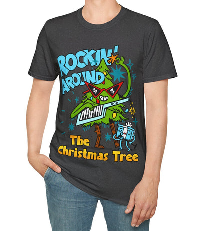 Person wearing a Retro christmas Music Inspired heather t-shirt with a colourful graphic of a Christmas tree and text Rockin Around The Christmas Tree 