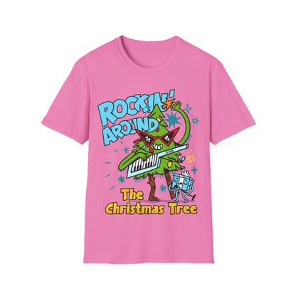 Retro Music Inspired pink t-shirt with a colourful graphic of a Christmas tree and text Rockin Around The Christmas Tree 