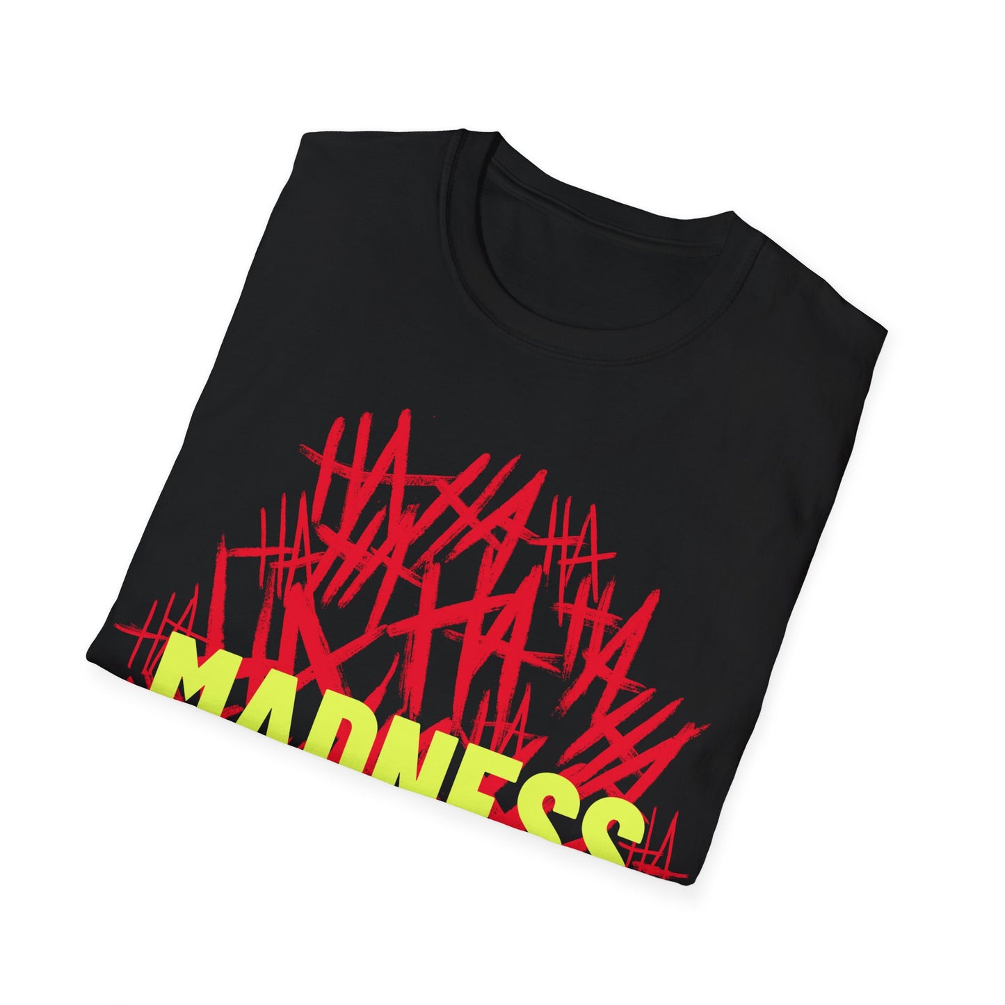 Black t-shirt with red and yellow text on a white background
