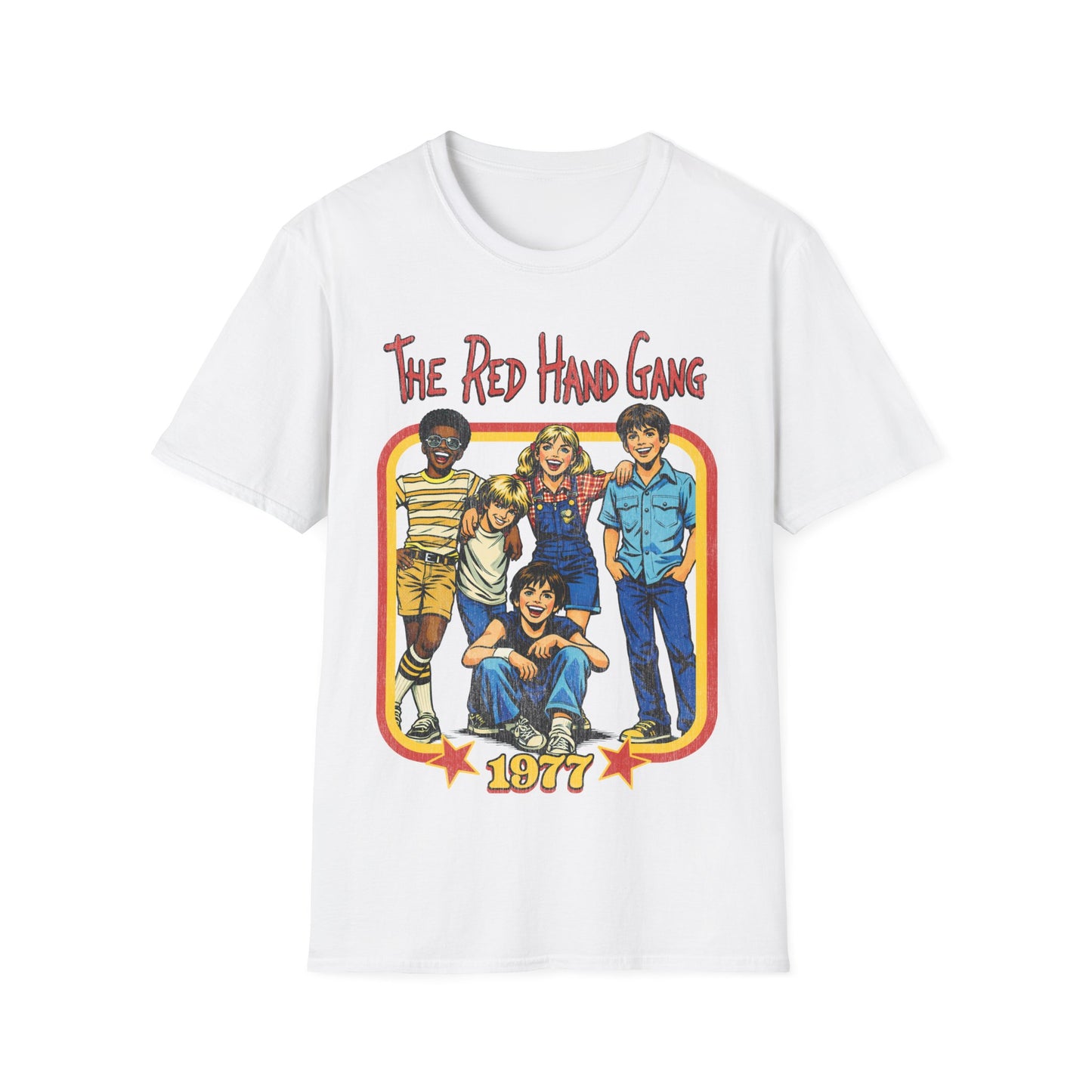 White t-shirt with 'The Red Hand Gang' graphic design on a white background