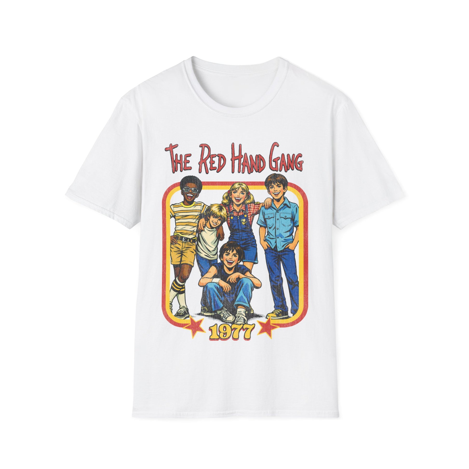 White t-shirt with 'The Red Hand Gang' graphic design on a white background