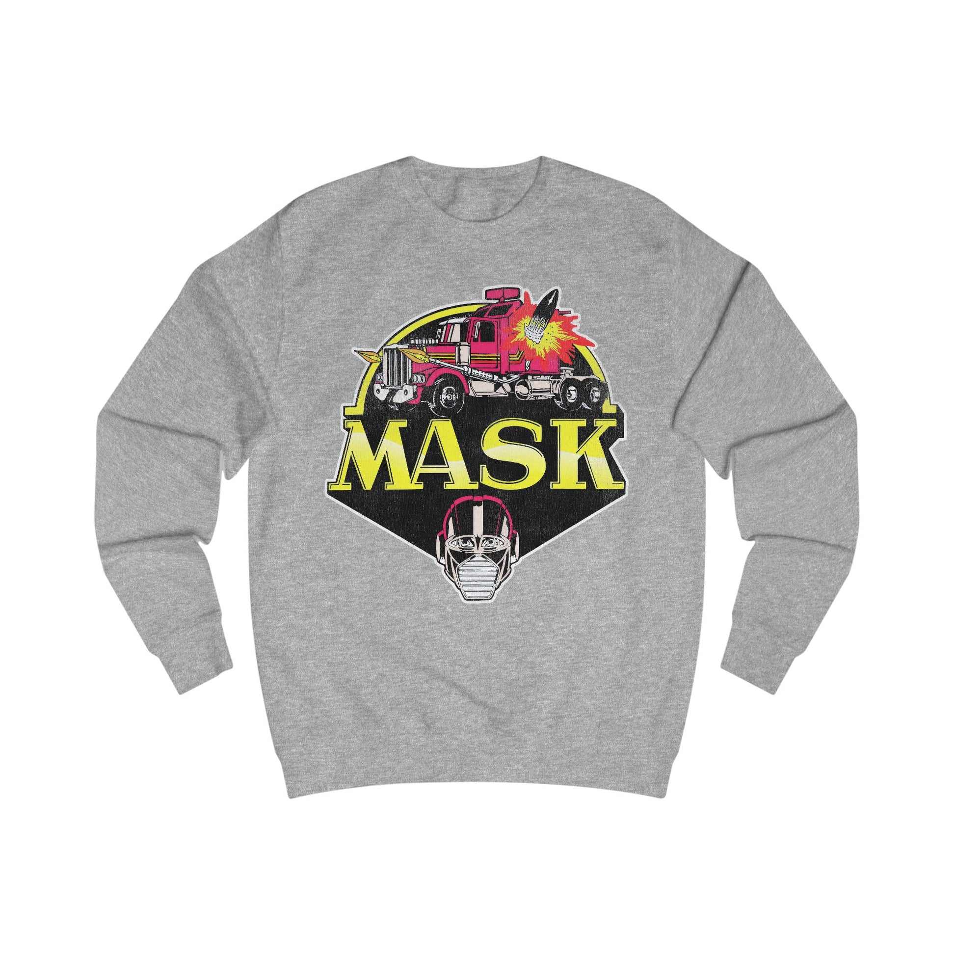 Gray sweatshirt with 'MASK' graphic design featuring a fire truck and helmet on a white background
