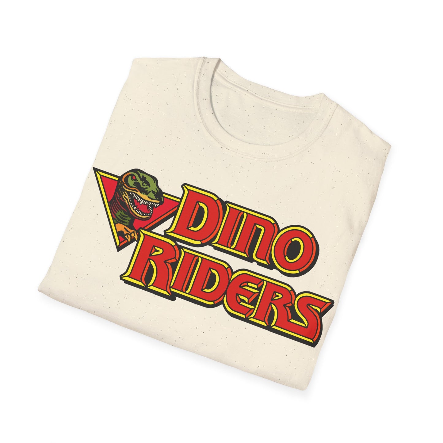 Folded t-shirt with 'Dino Riders' graphic design on a white background