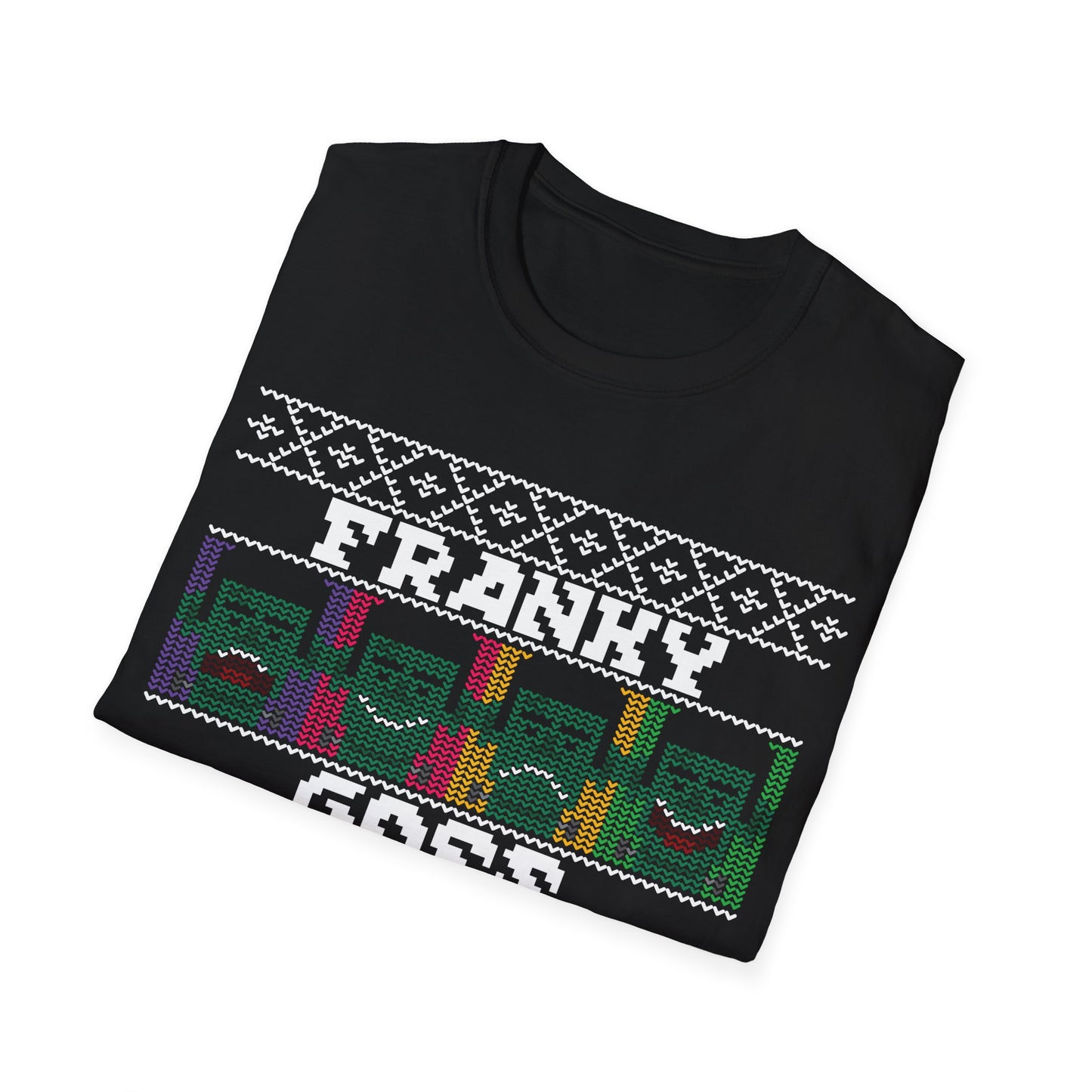 Black t-shirt with colourful graphics and Franky Goes Pop text on a white background